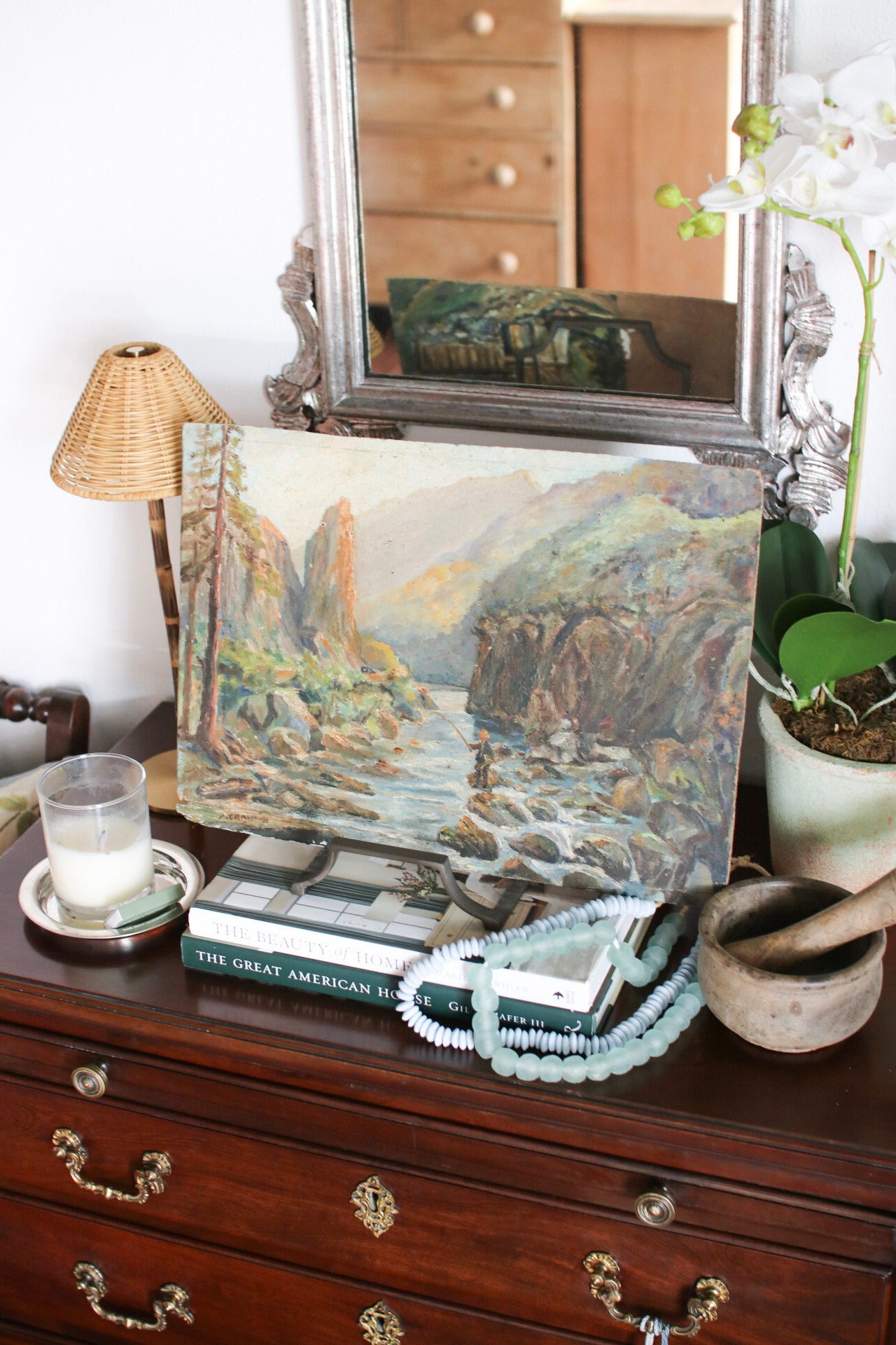 French Painting of Fisherman by River