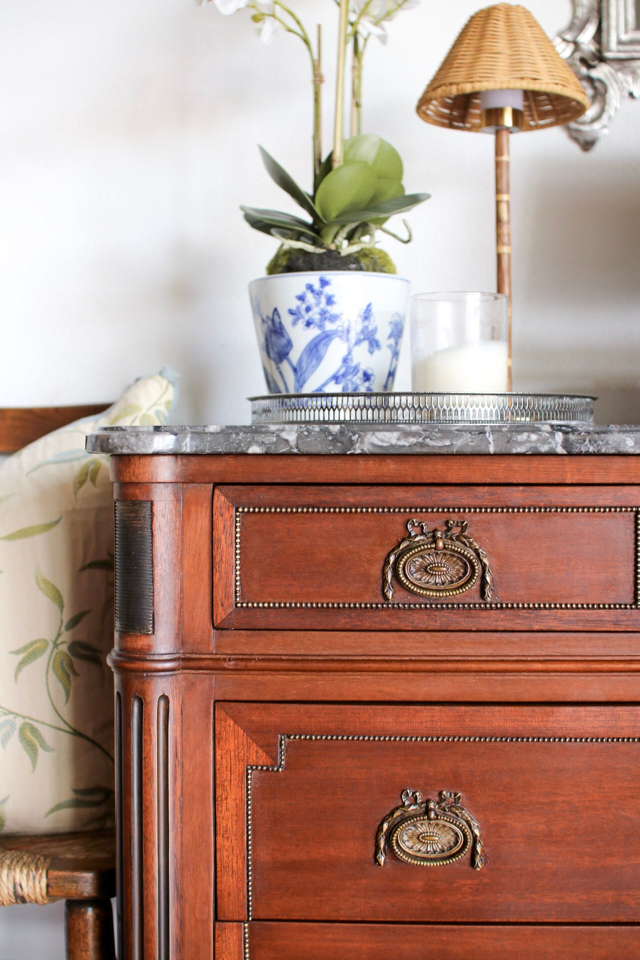 French Louis XVI Style Grey Marble Top Commode