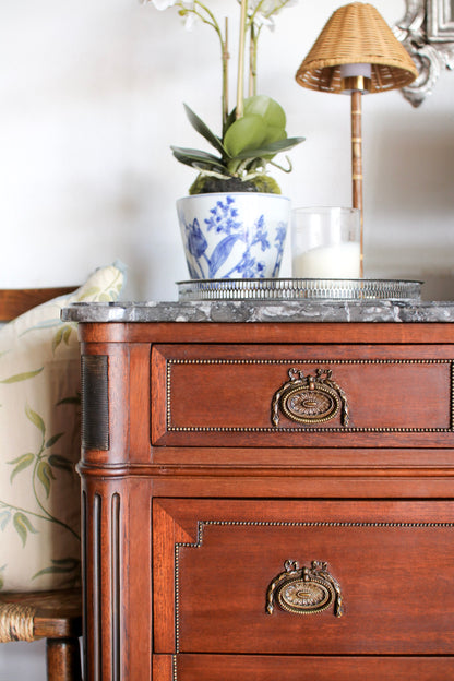 French Louis XVI Style Grey Marble Top Commode