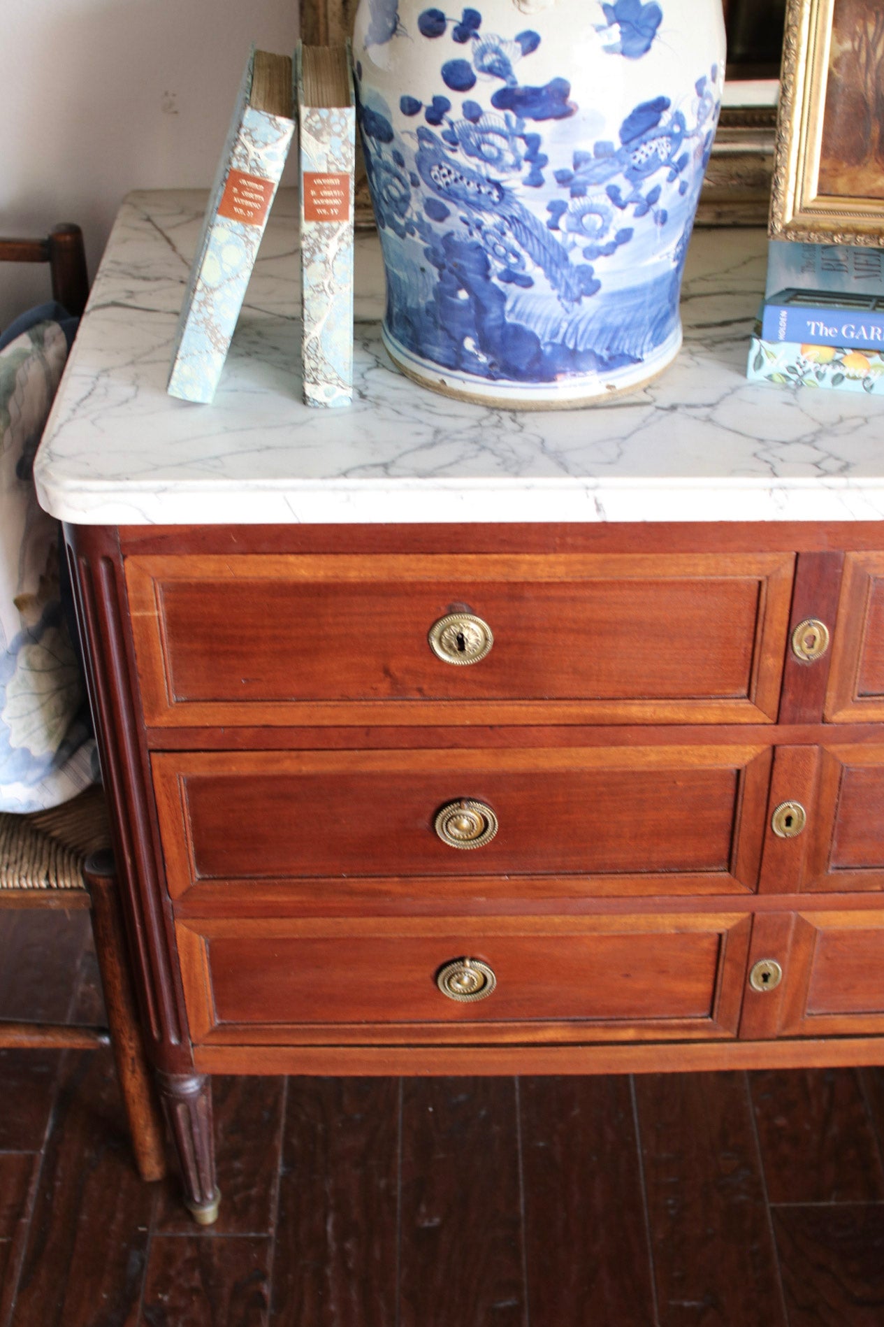 French Louis XVI White Marble Top Commode