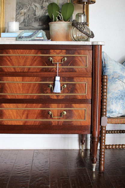 French Louis XVI Flame Mahogany White Marble Top Commode