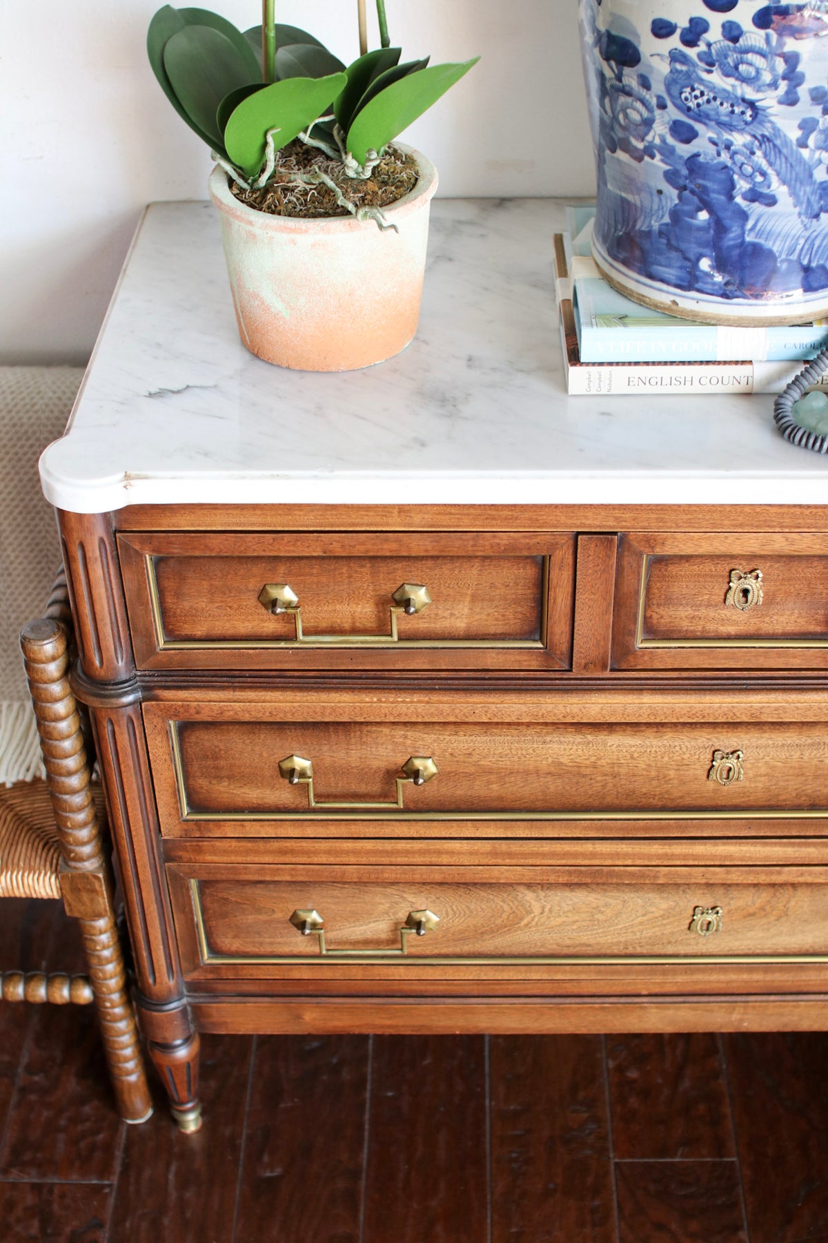 French Louis XVI White Marble Top Commode