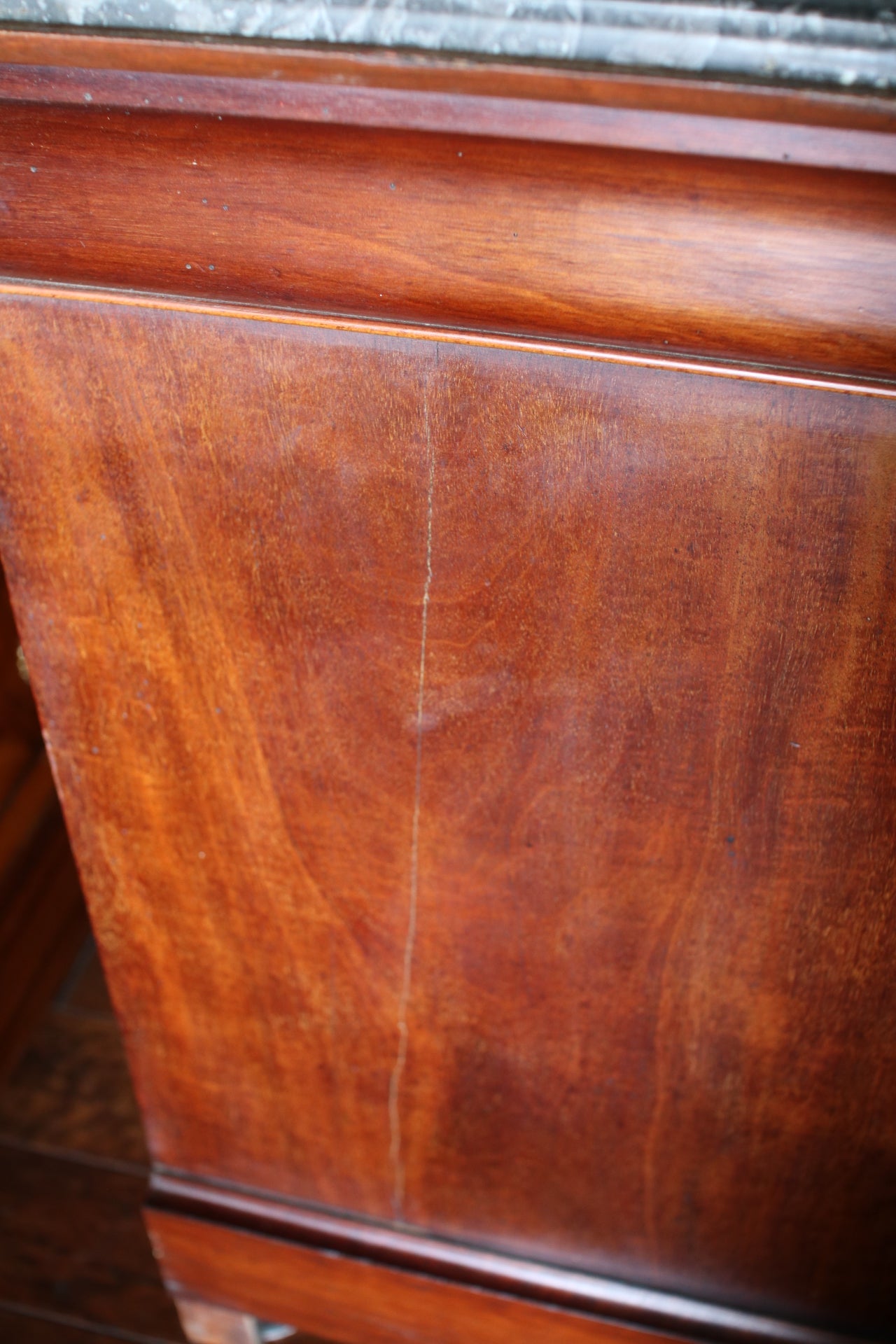 French Louis Philippe Flame Mahogany Grey Marble Top Commode