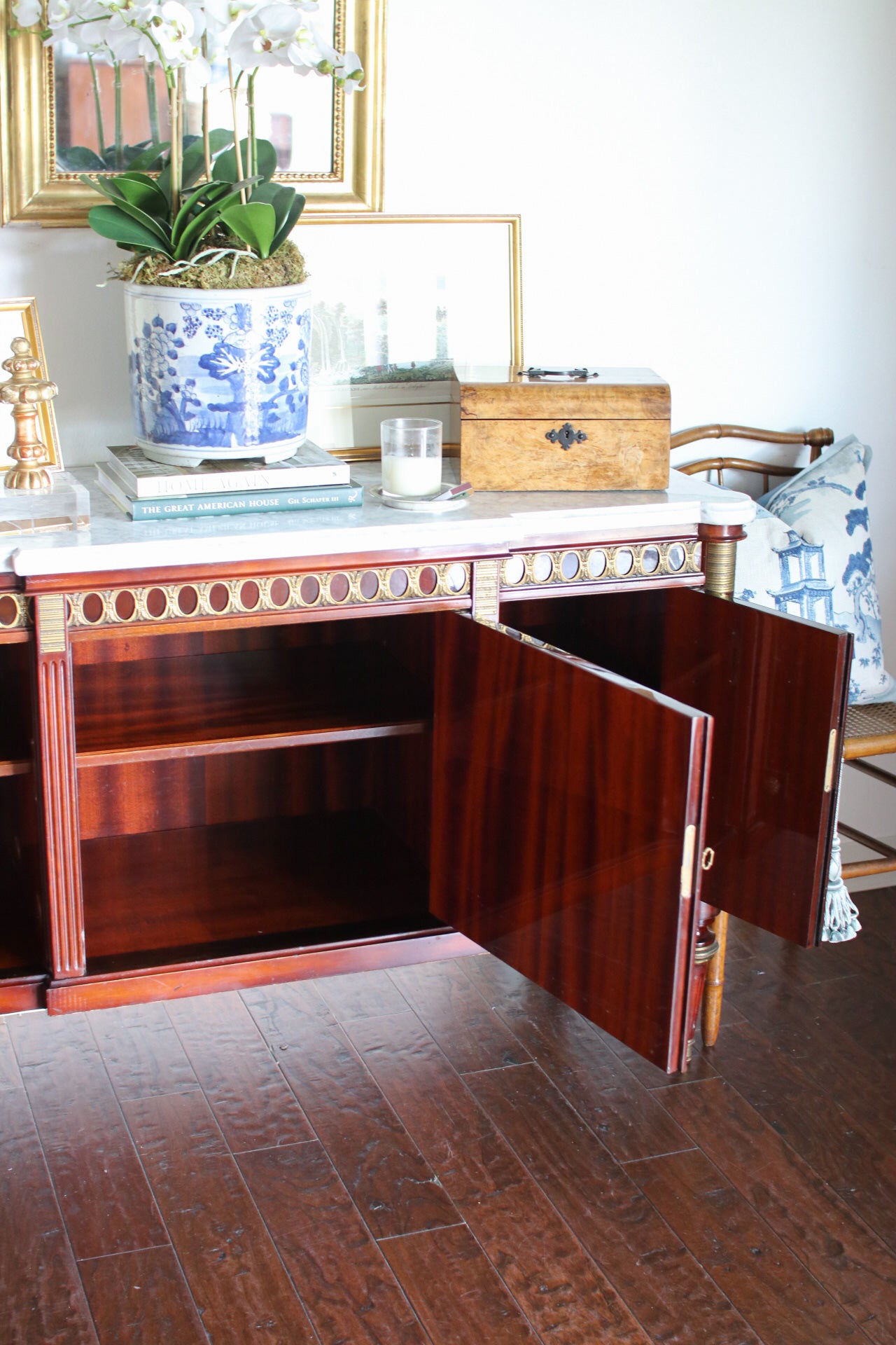 French Louis XVI Flame Mahogany White Marble Top 3 Door Sideboard