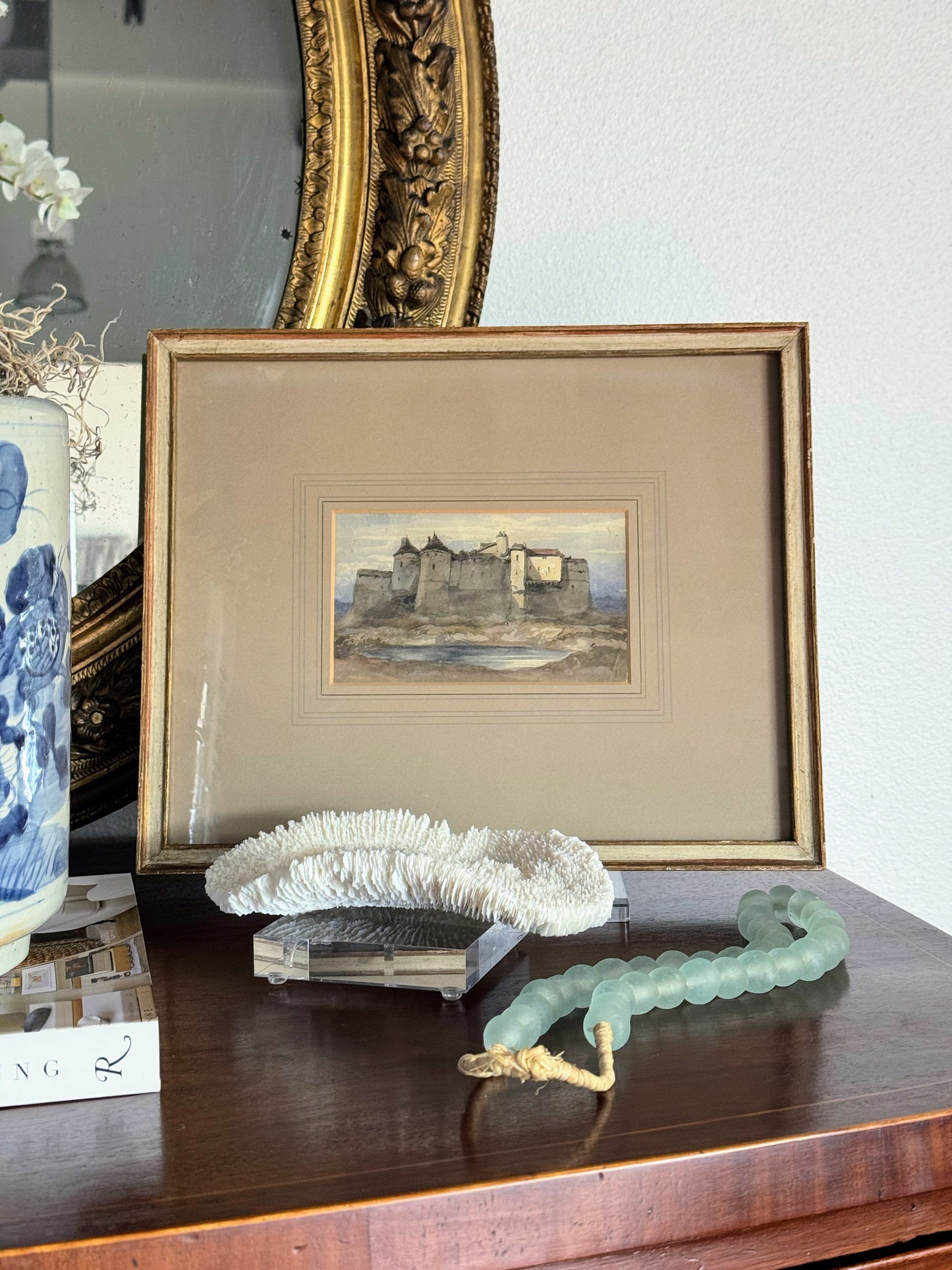Framed Watercolor Castle on Paper
