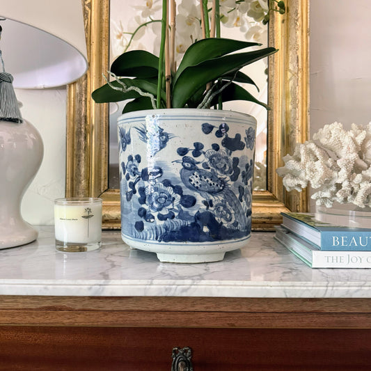 Blue & White Bird Motif Orchid Cache Pot