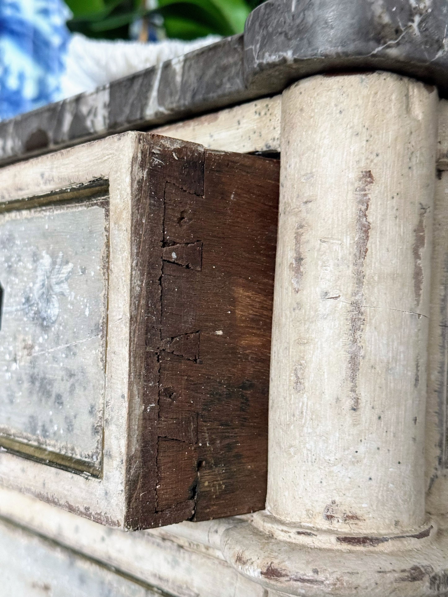 Antique French Louis XVI Black Marble Top Painted Commode