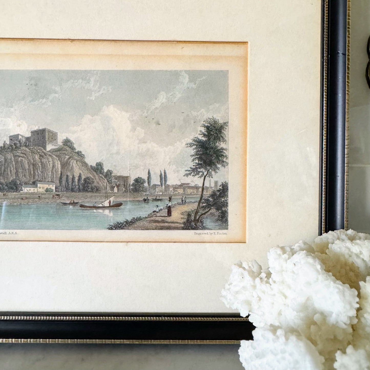 English Framed Print of Riverfront Town