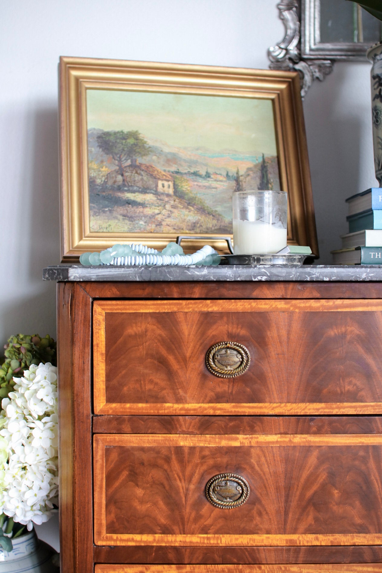 French Louis XVI Flame Mahogany Grey Marble Top Commode