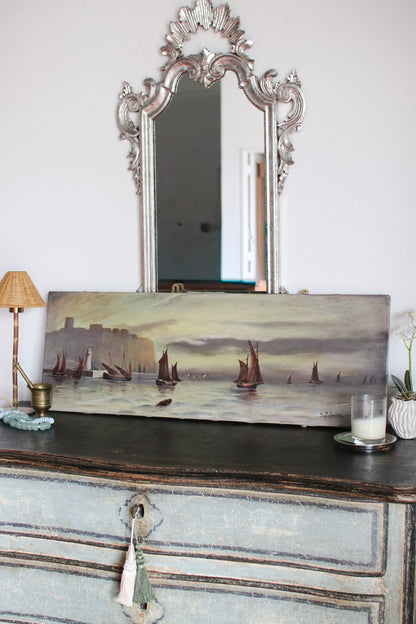 English Oil of Ships on Canvas Painting
