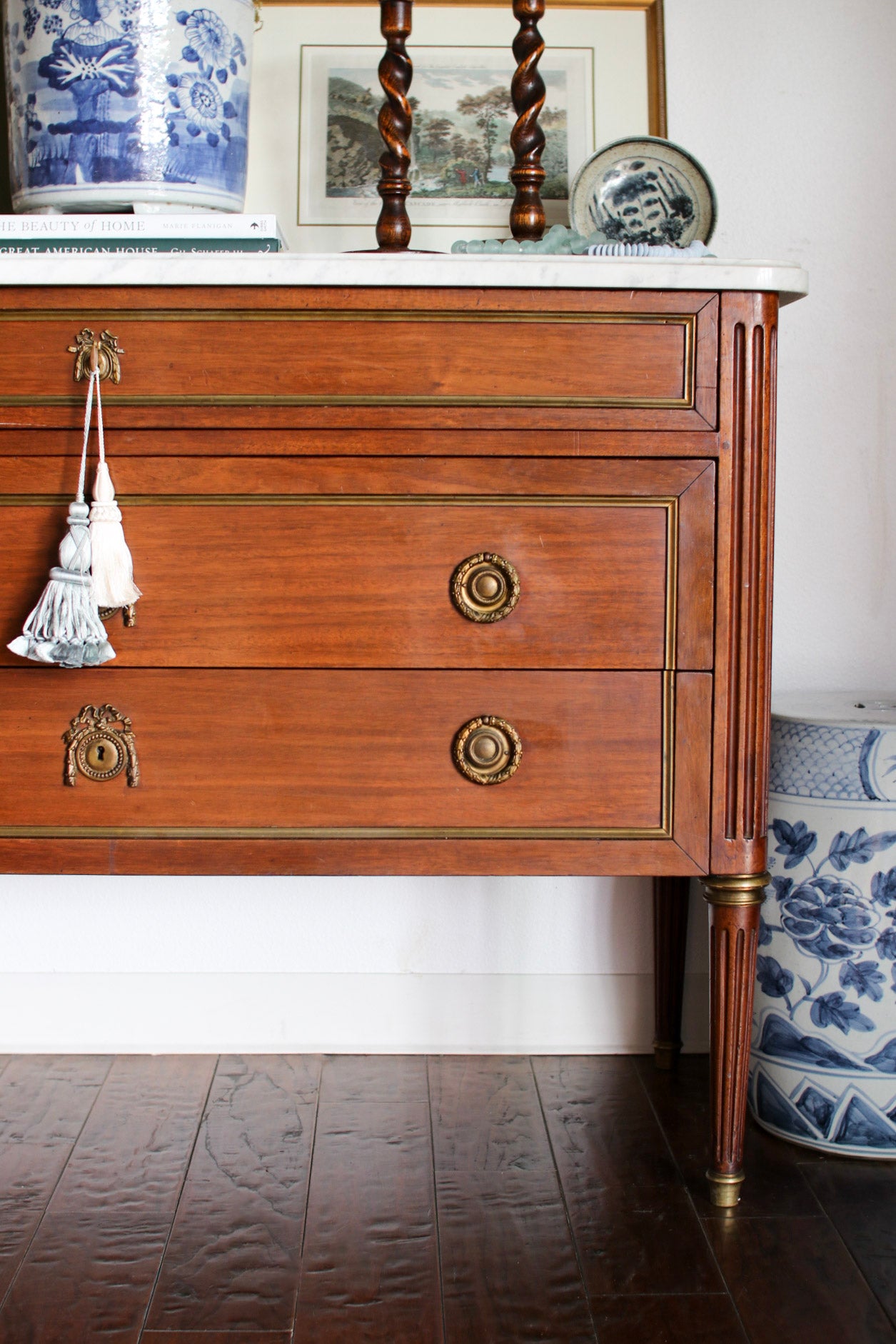 French Louis XVI White Marble Top Commode