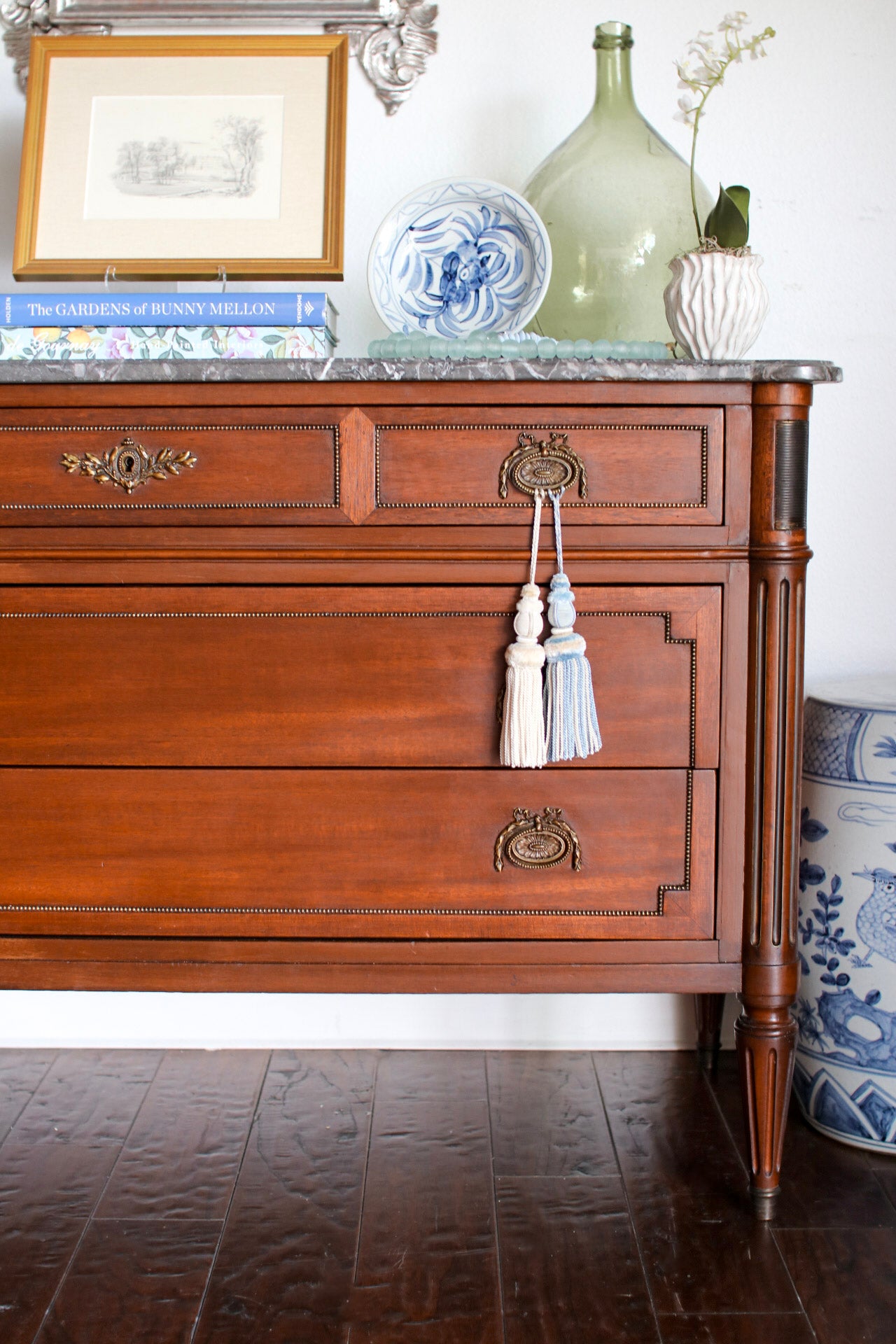 French Louis XVI Style Grey Marble Top Commode