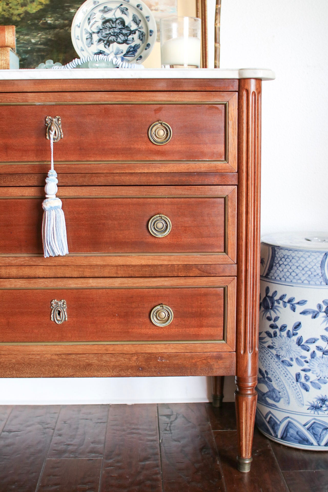 French Louis XVI Petite White Marble Top Commode