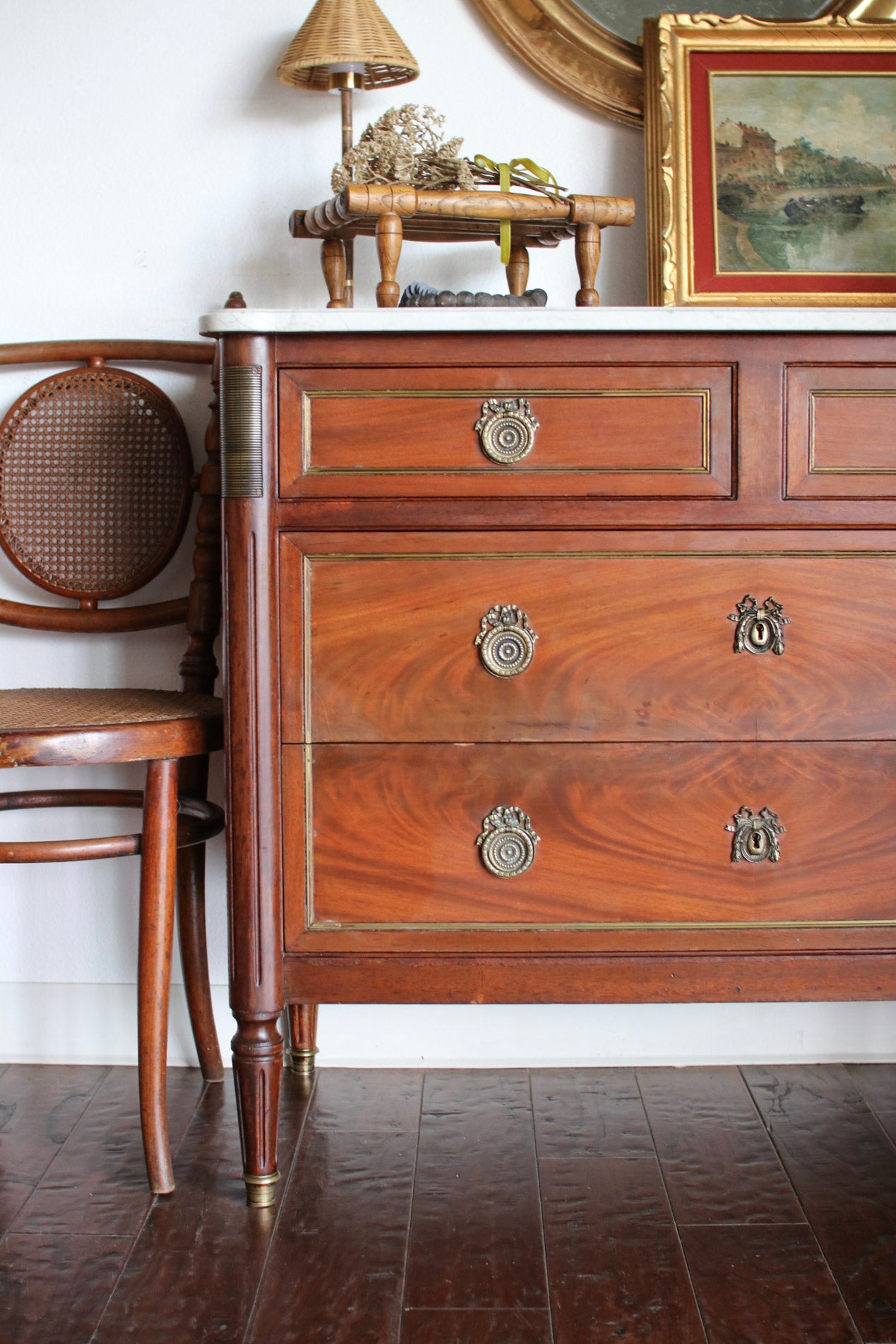 French Louis XVI Style White Marble Top Commode