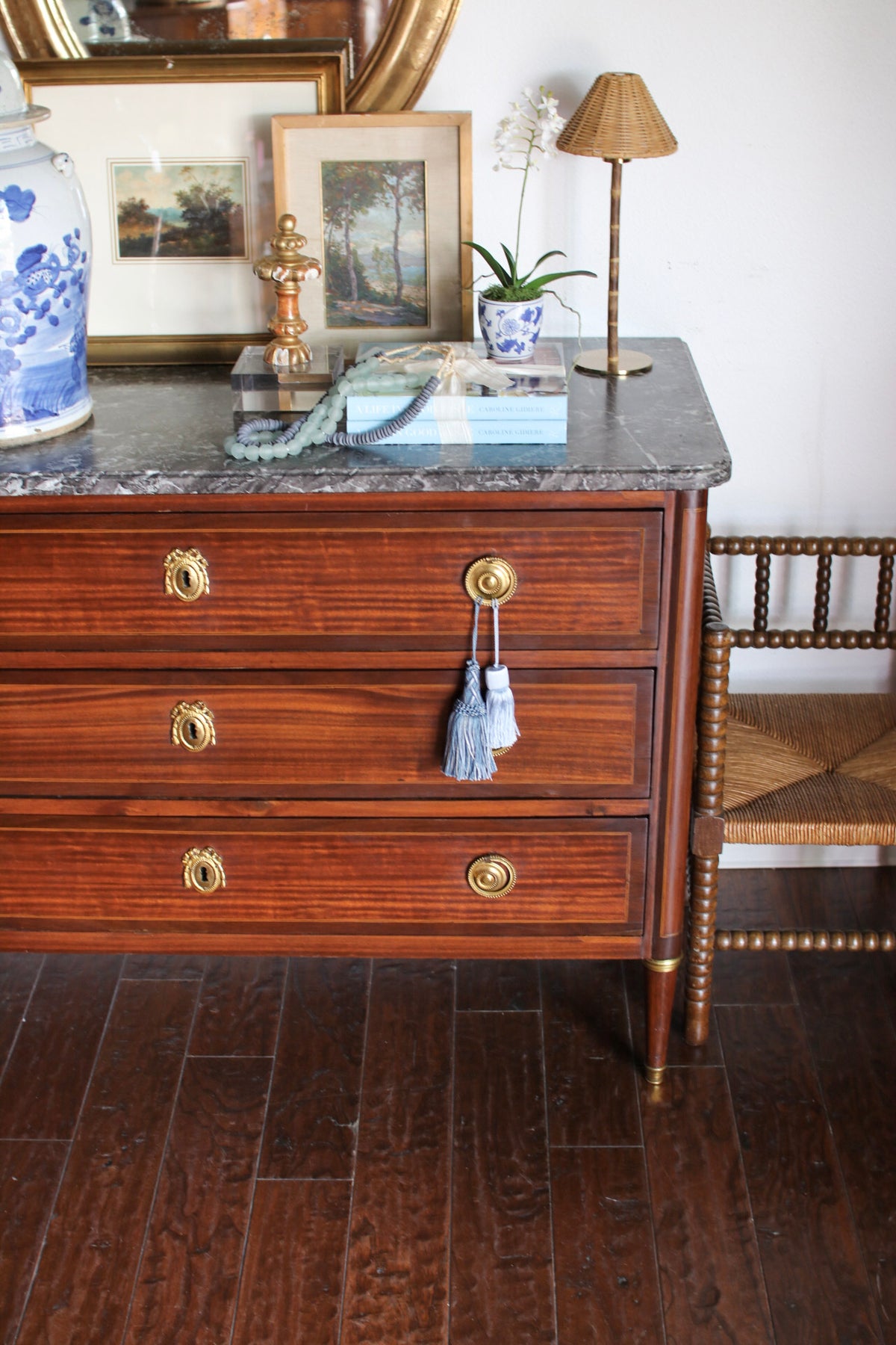 Antique French Louis XVI Grey Marble Top Commode with Inlay
