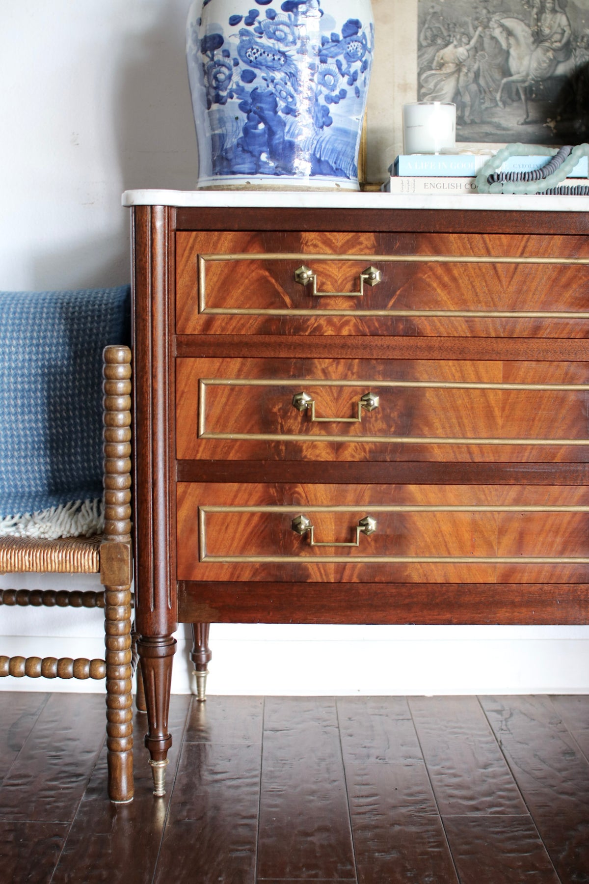 French Louis XVI Flame Mahogany White Marble Top Commode