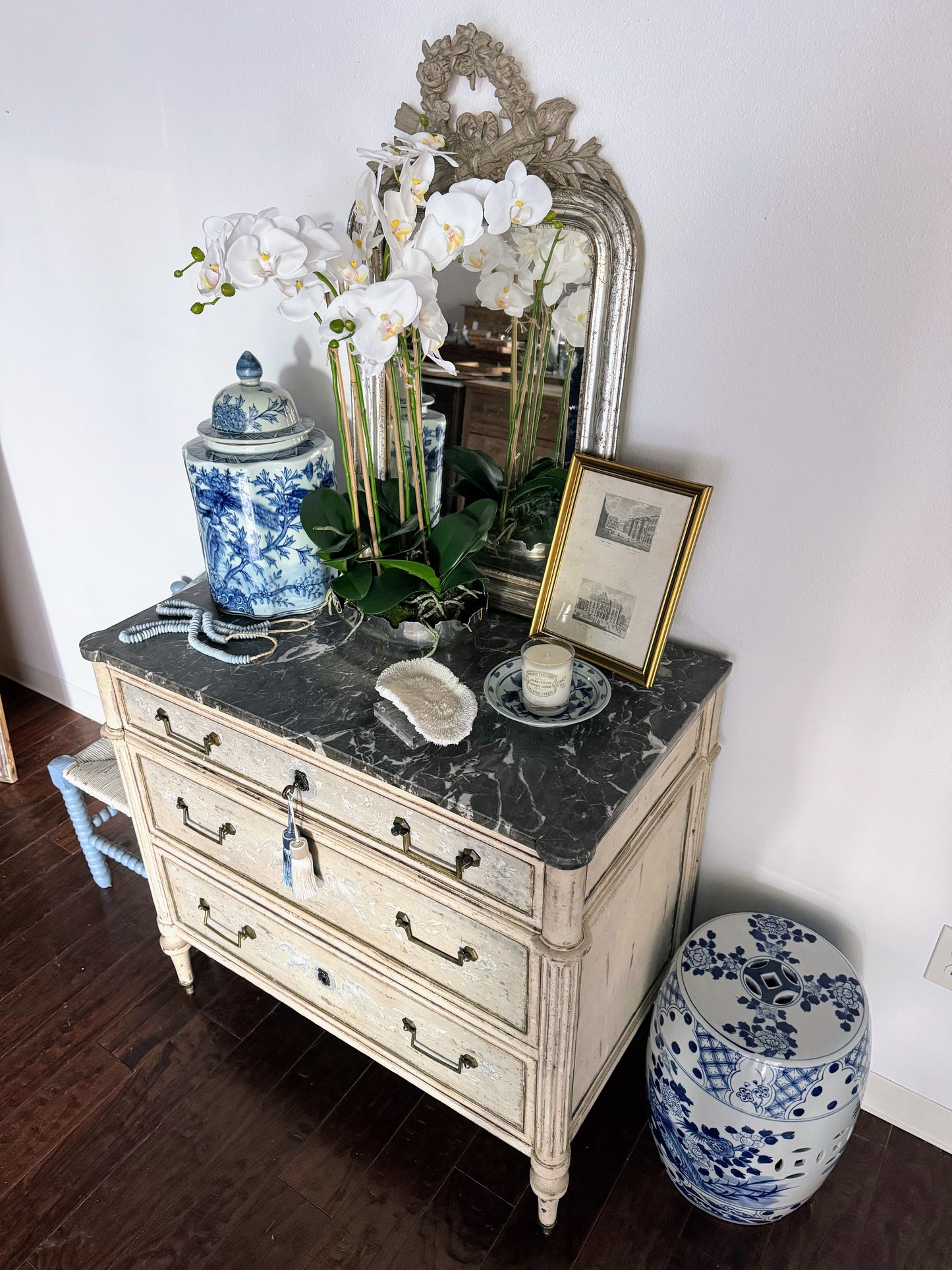 Antique French Louis XVI Black Marble Top Painted Commode