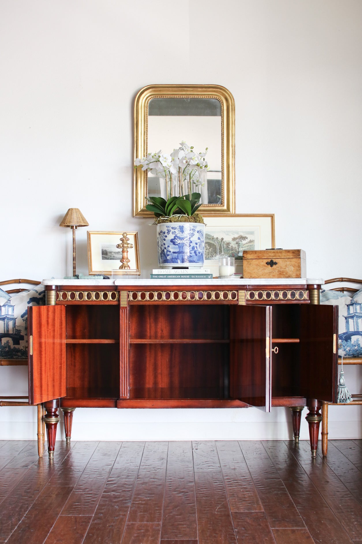 French Louis XVI Flame Mahogany White Marble Top 3 Door Sideboard