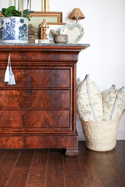 French Louis Philippe Flame Mahogany Grey Marble Top Commode