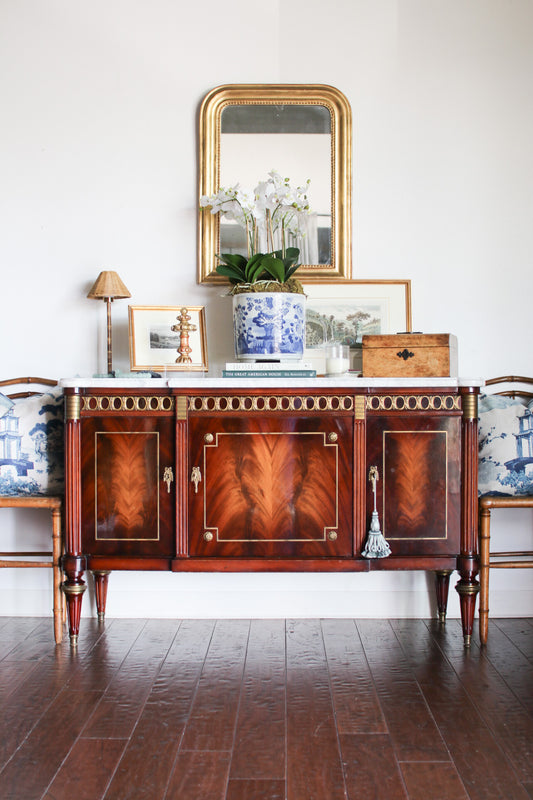 French Louis XVI Flame Mahogany White Marble Top 3 Door Sideboard