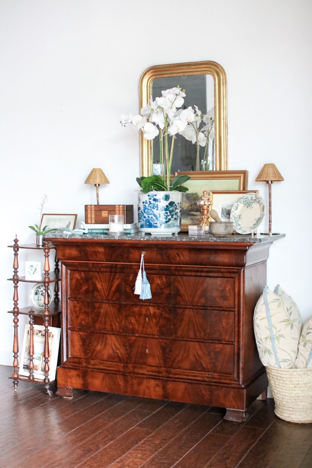 French Louis Philippe Flame Mahogany Grey Marble Top Commode