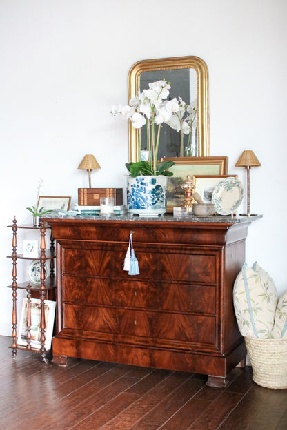 French Louis Philippe Flame Mahogany Grey Marble Top Commode