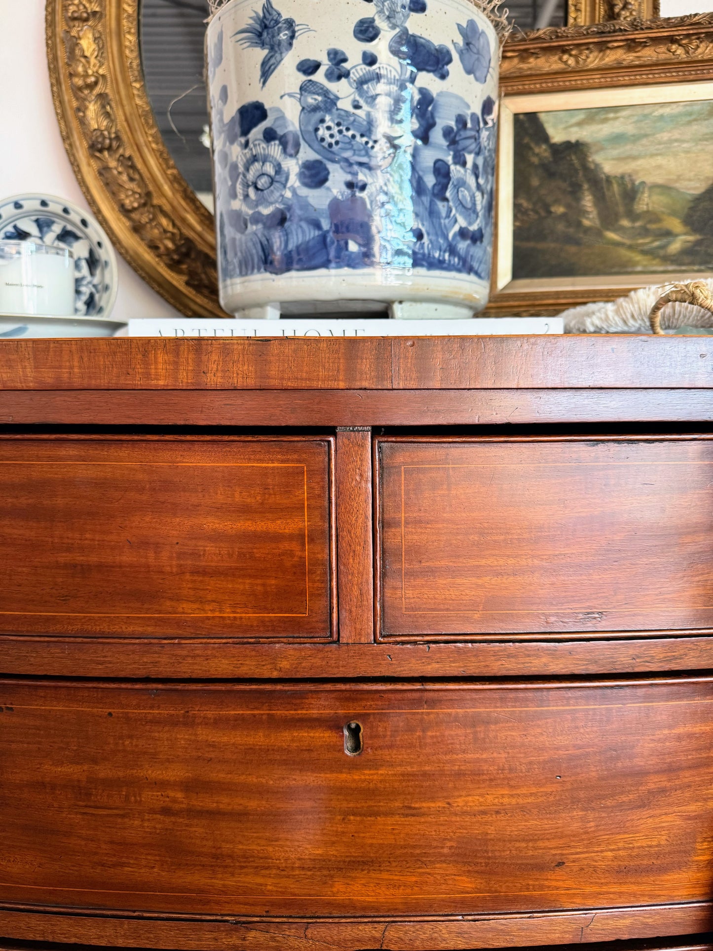 Antique English Bowfront Chest of Drawers with Inlay