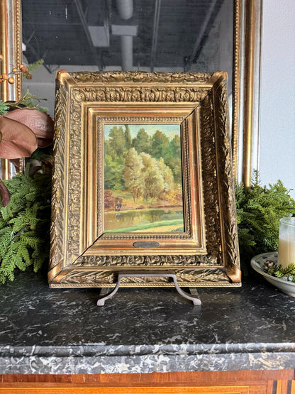 Framed Oil on Board of Fisherman By Pond