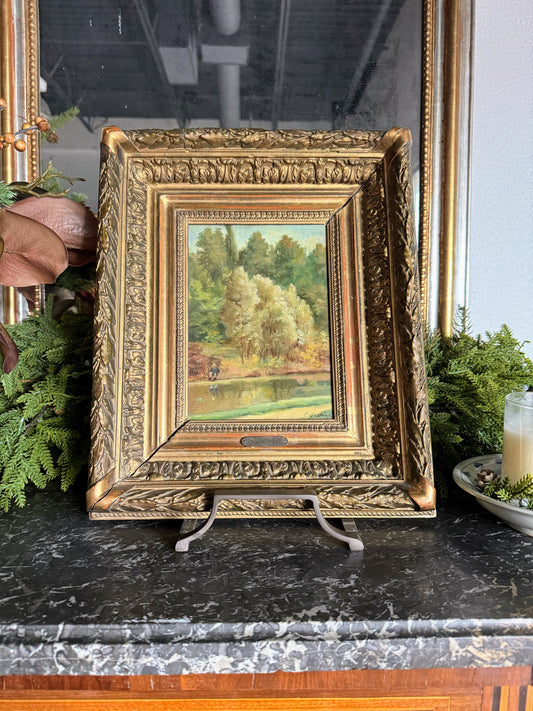 Framed Oil on Board of Fisherman By Pond