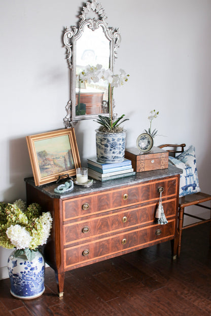 French Louis XVI Flame Mahogany Grey Marble Top Commode