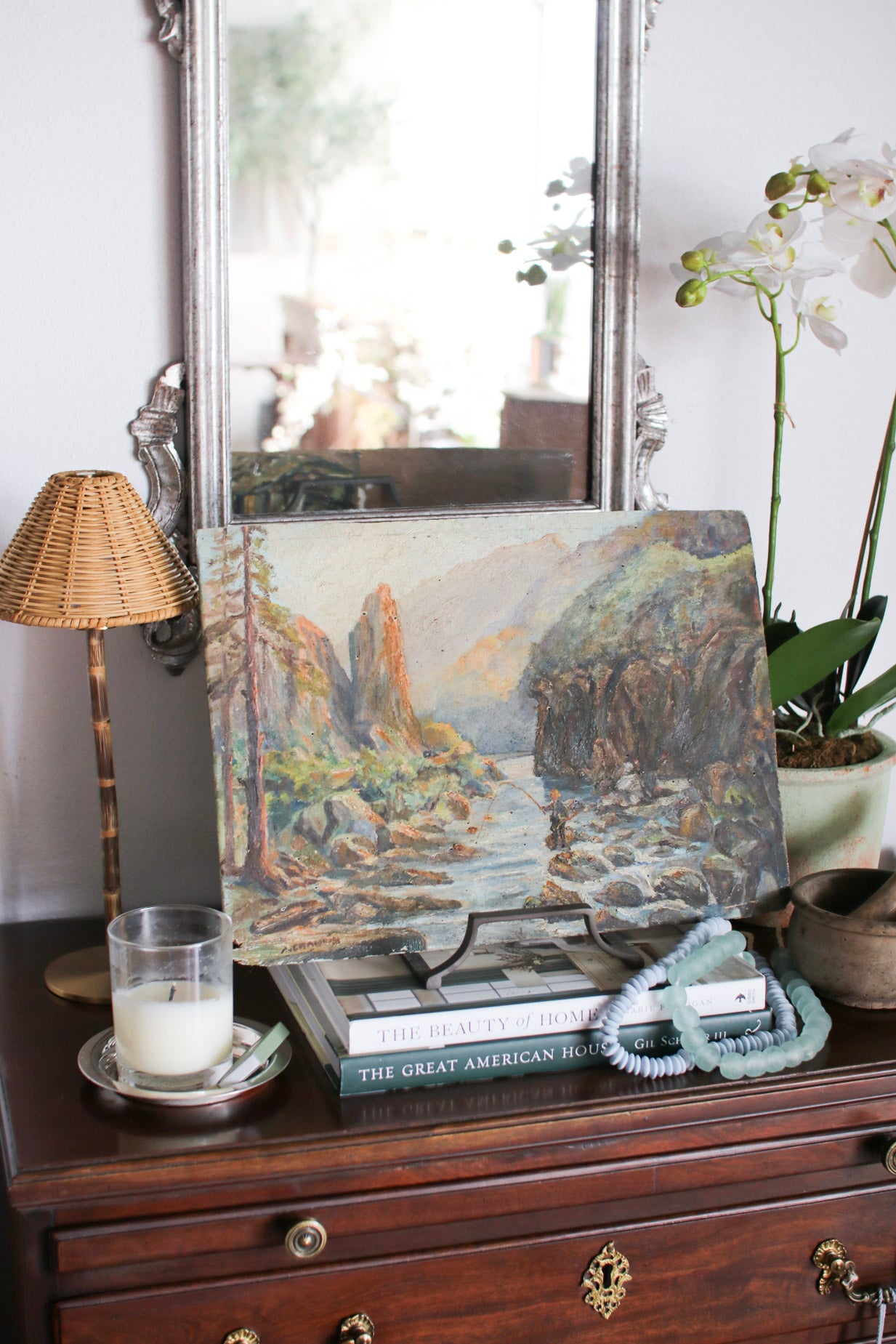 French Painting of Fisherman by River