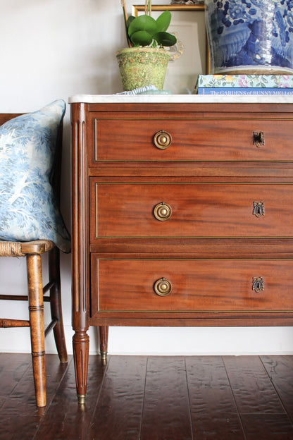 French Louis XVI Style White Marble Top Commode
