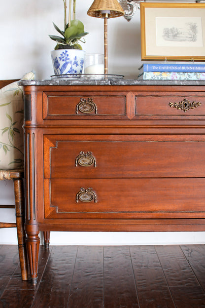 French Louis XVI Style Grey Marble Top Commode