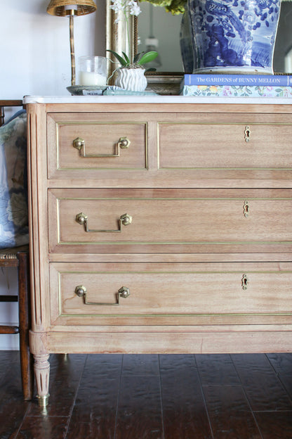 Bleached French Louis XVI White Marble Top Commode