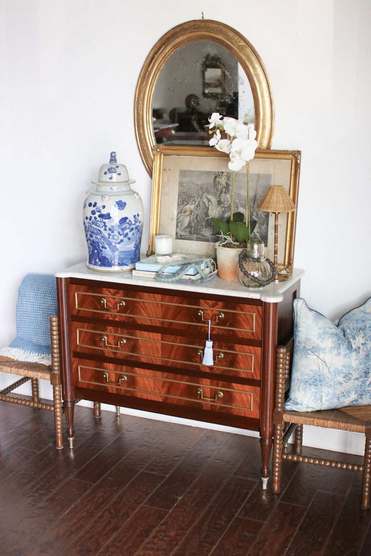 French Louis XVI Flame Mahogany White Marble Top Commode