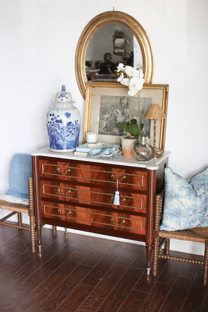 French Louis XVI Flame Mahogany White Marble Top Commode