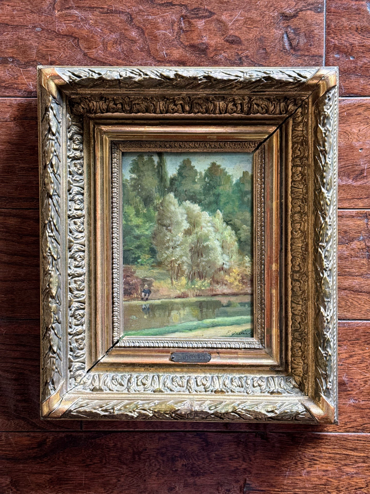 Framed Oil on Board of Fisherman By Pond