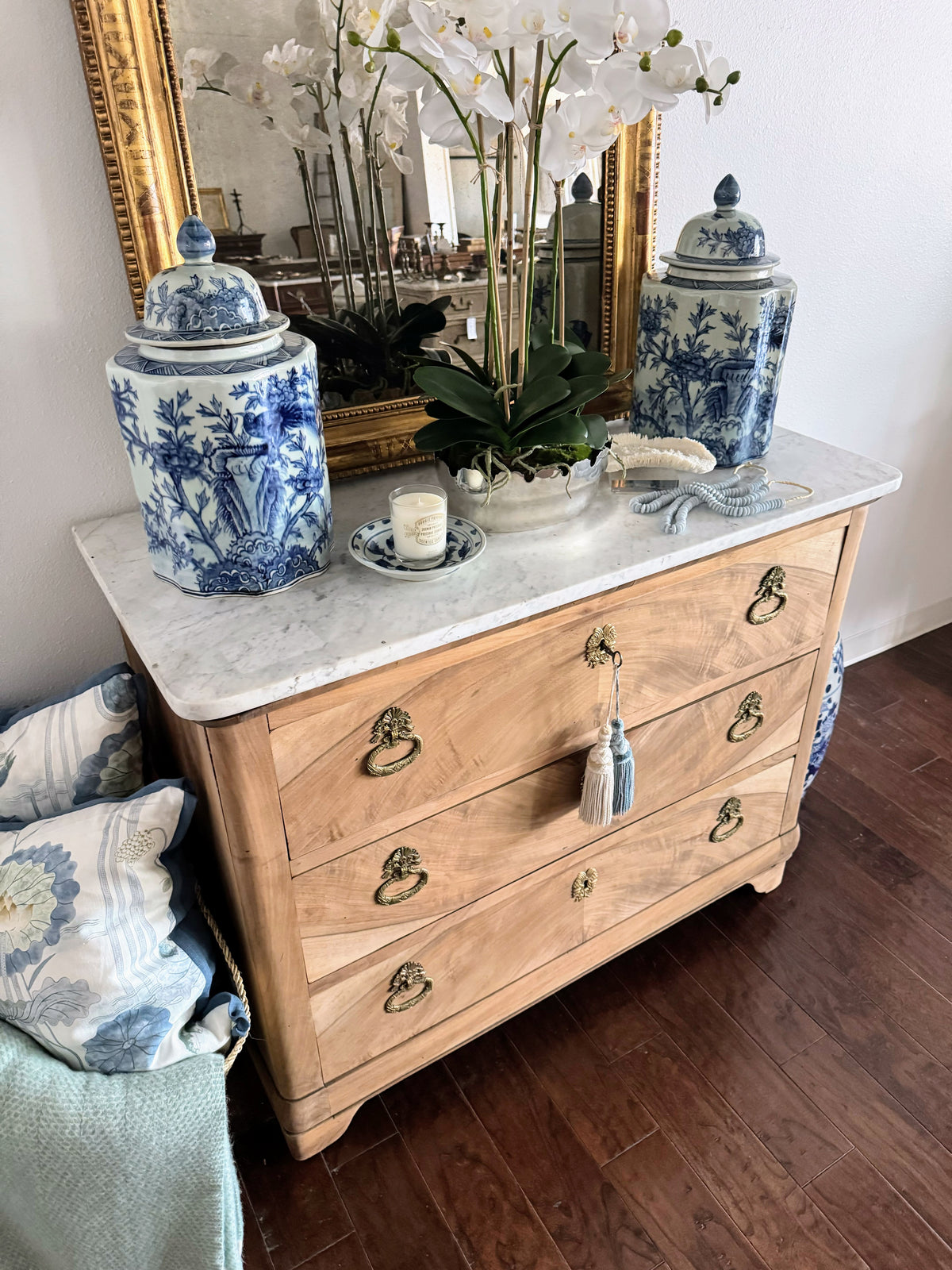 French Louis Philippe White Marble Top Bleached Commode