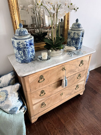 French Louis Philippe White Marble Top Bleached Commode
