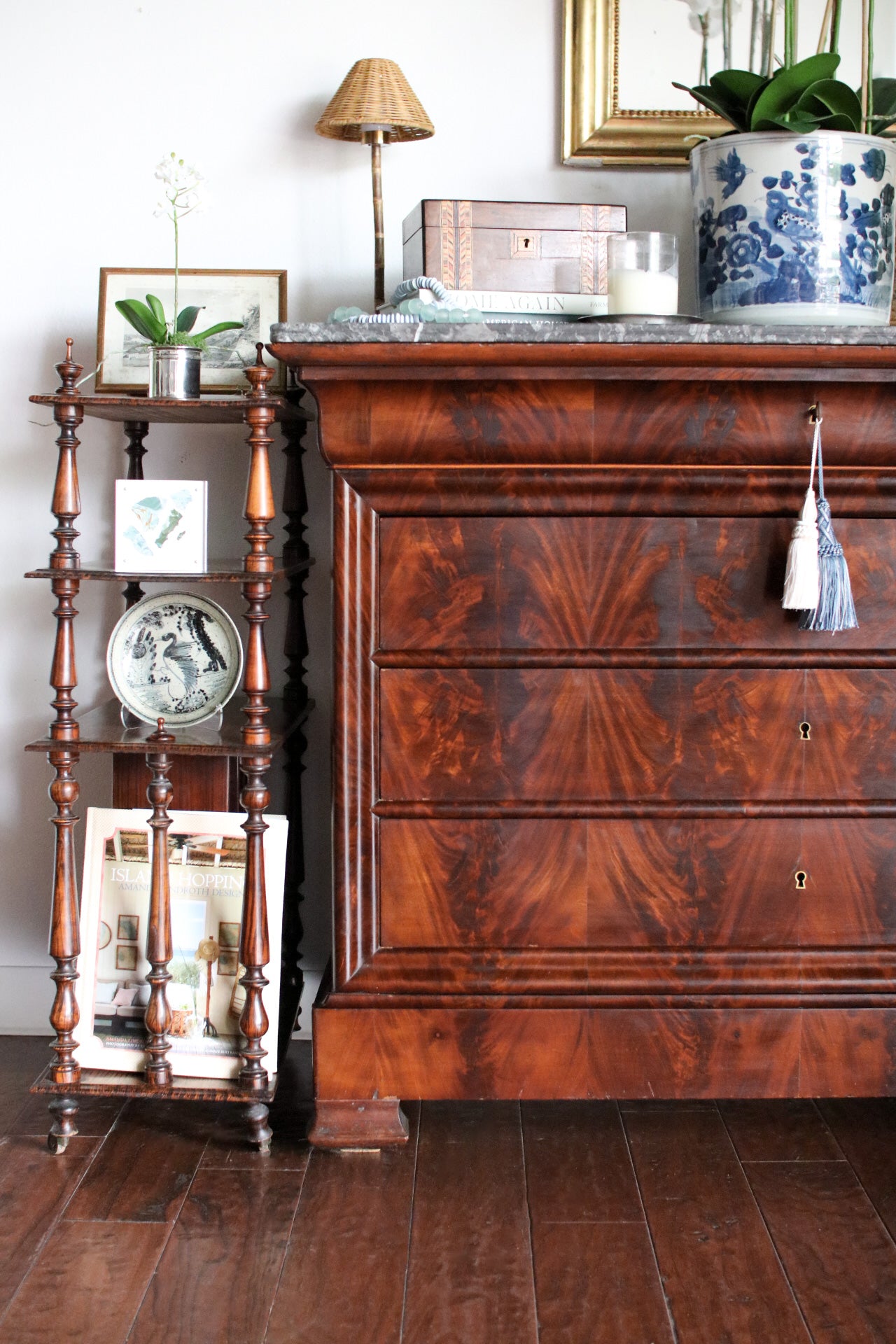 French Louis Philippe Flame Mahogany Grey Marble Top Commode