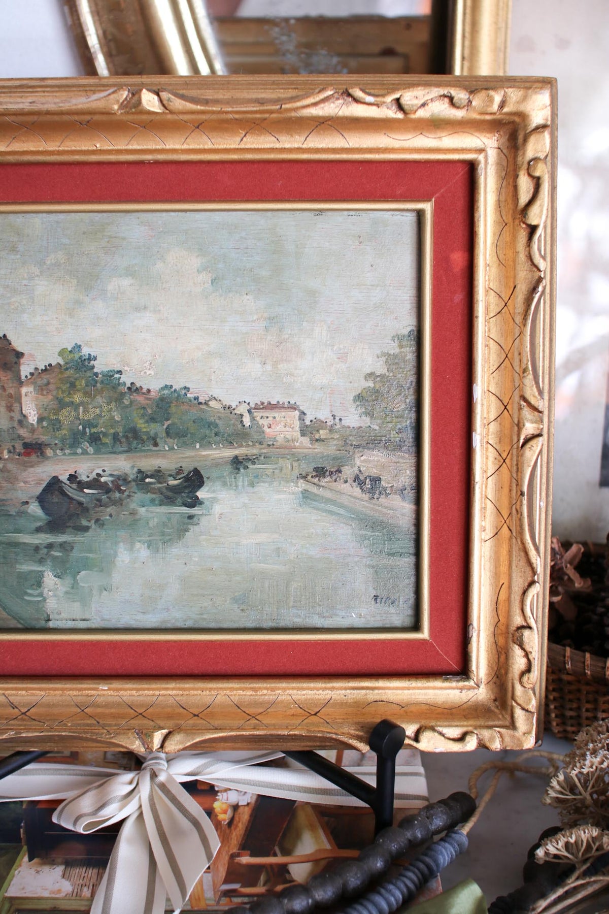 Italian River Scene in Gold Frame