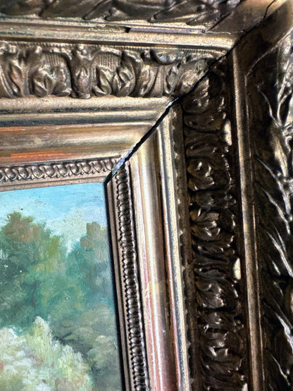 Framed Oil on Board of Fisherman By Pond