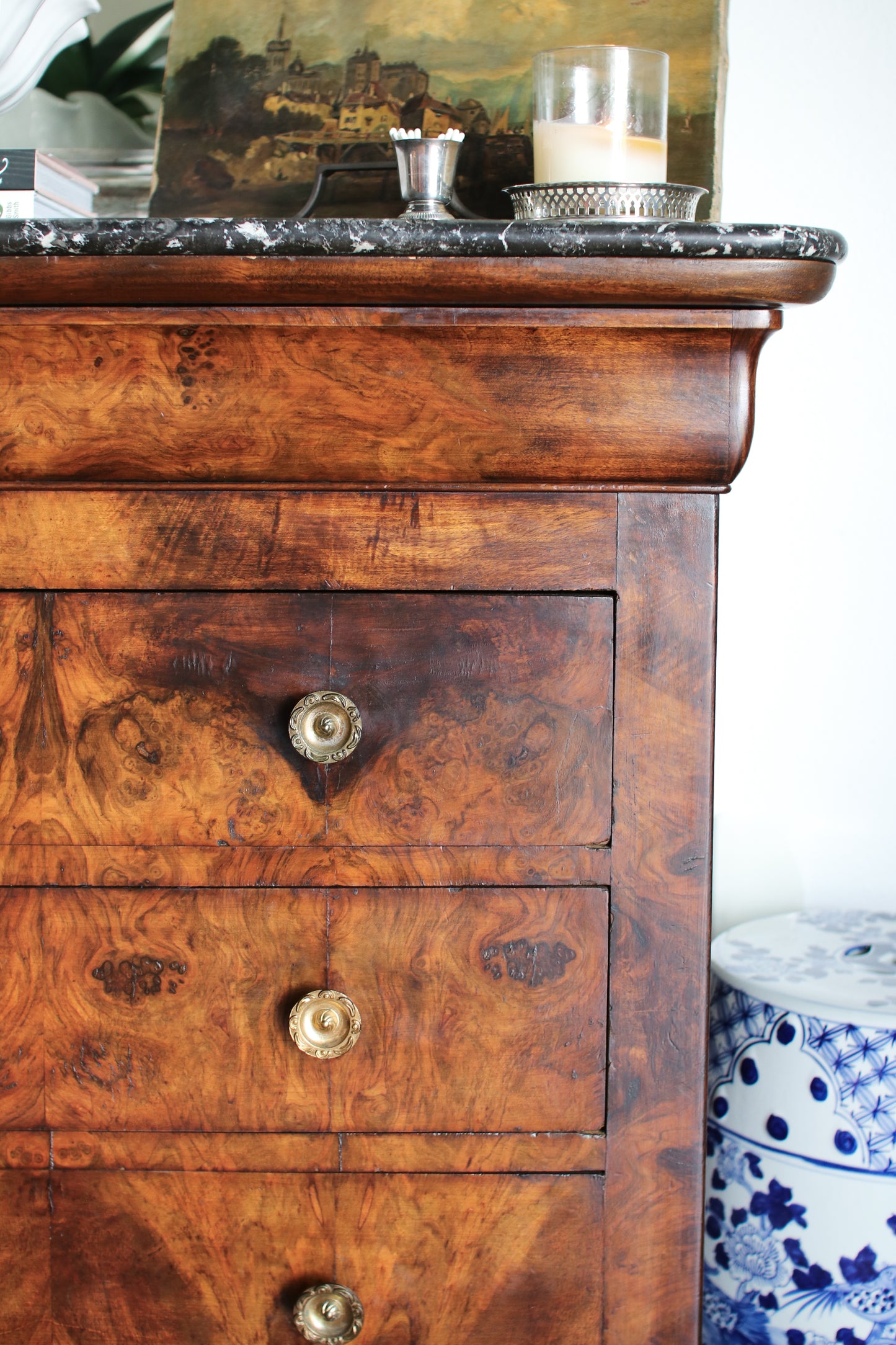 Antique French Louis Philippe Burled Walnut Commode
