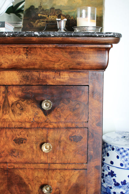 Antique French Louis Philippe Burled Walnut Commode