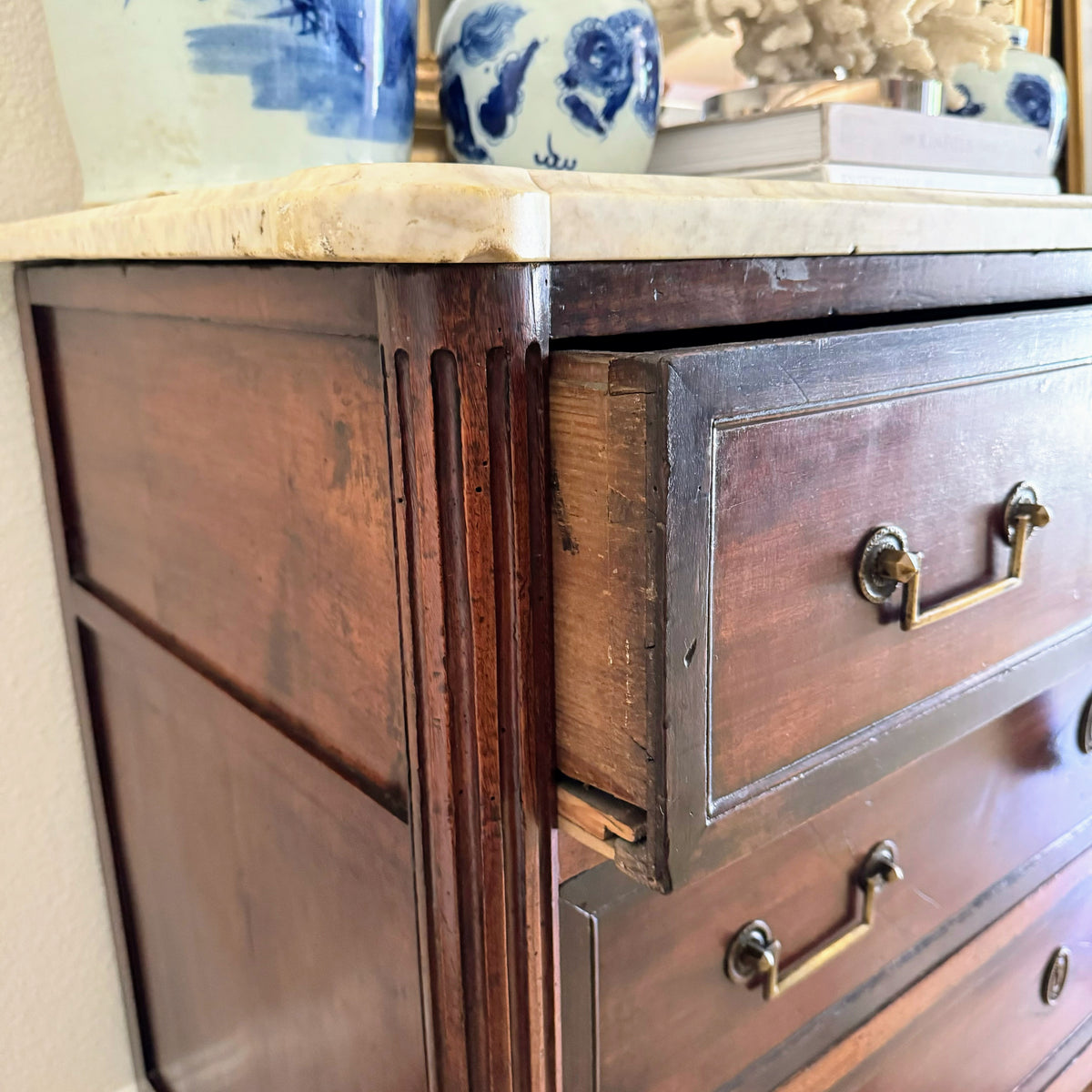 Pair of French Louis XVI Antique White Marble Top Commodes
