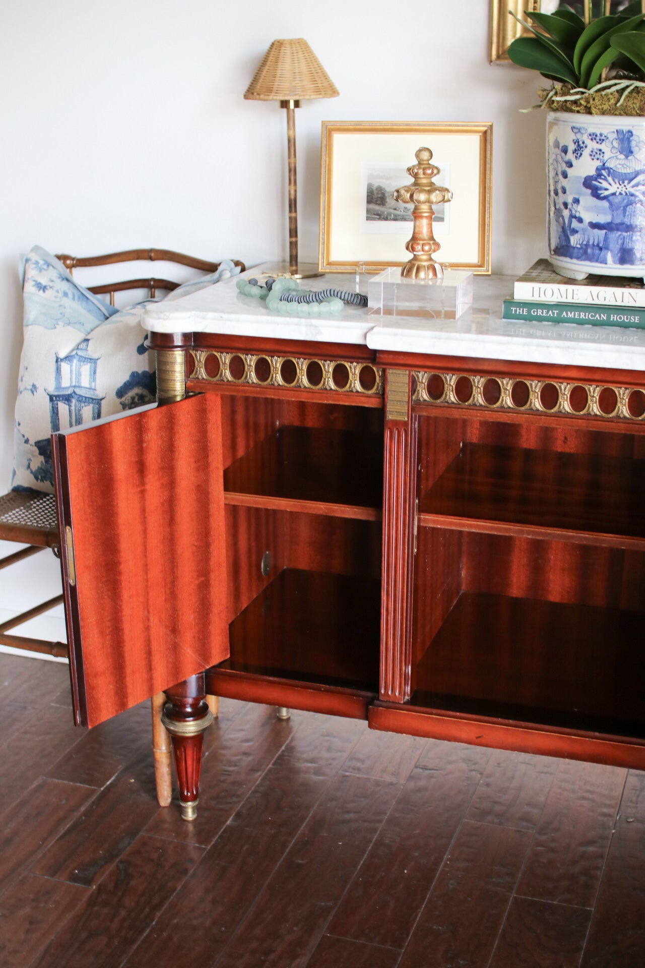 French Louis XVI Flame Mahogany White Marble Top 3 Door Sideboard