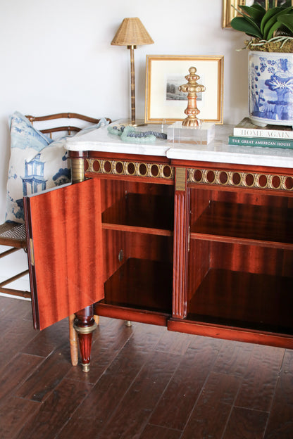 French Louis XVI Flame Mahogany White Marble Top 3 Door Sideboard