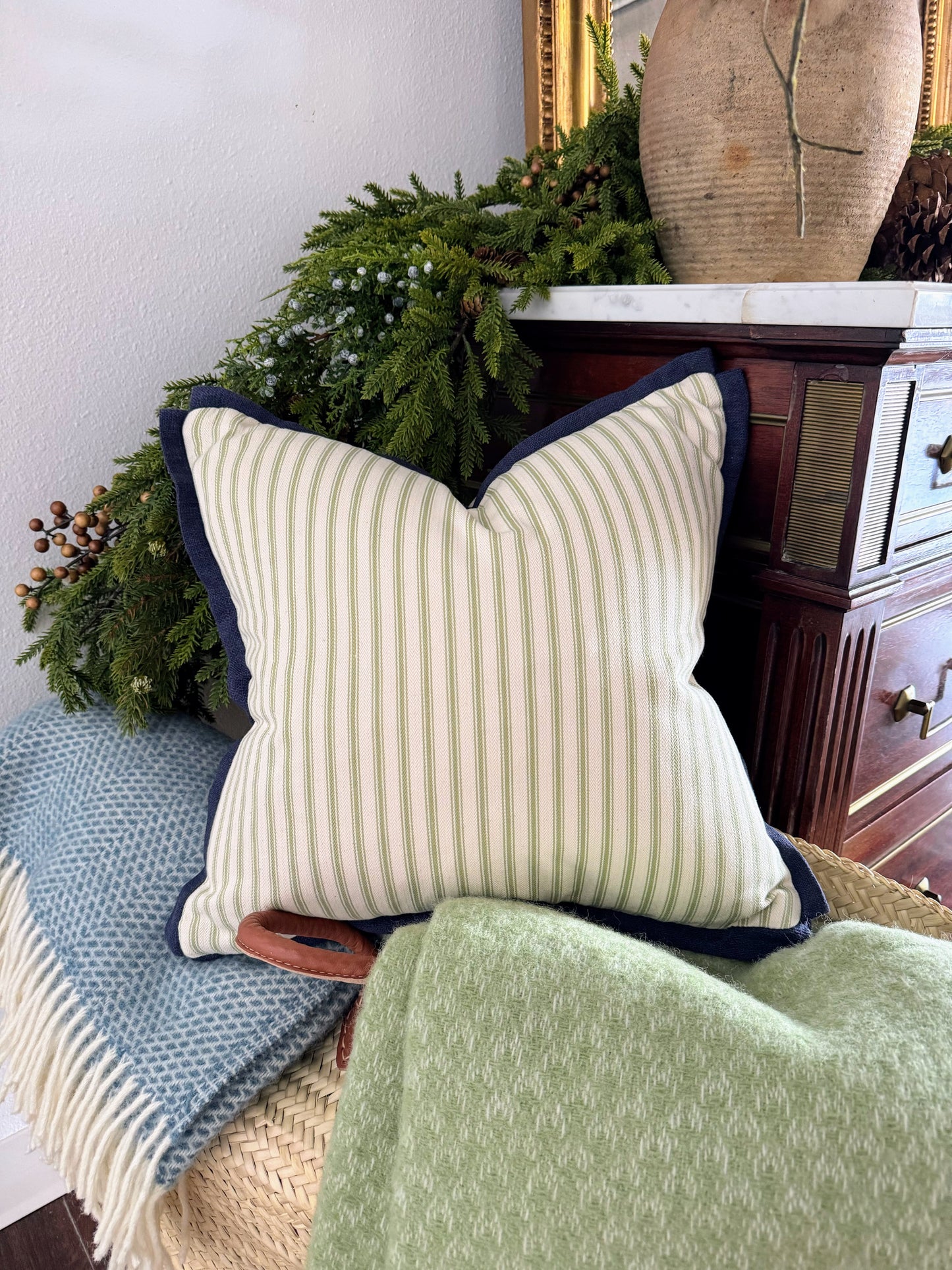 Custom Pillow: 18x18 Made in the UK Green Ticking Stripe