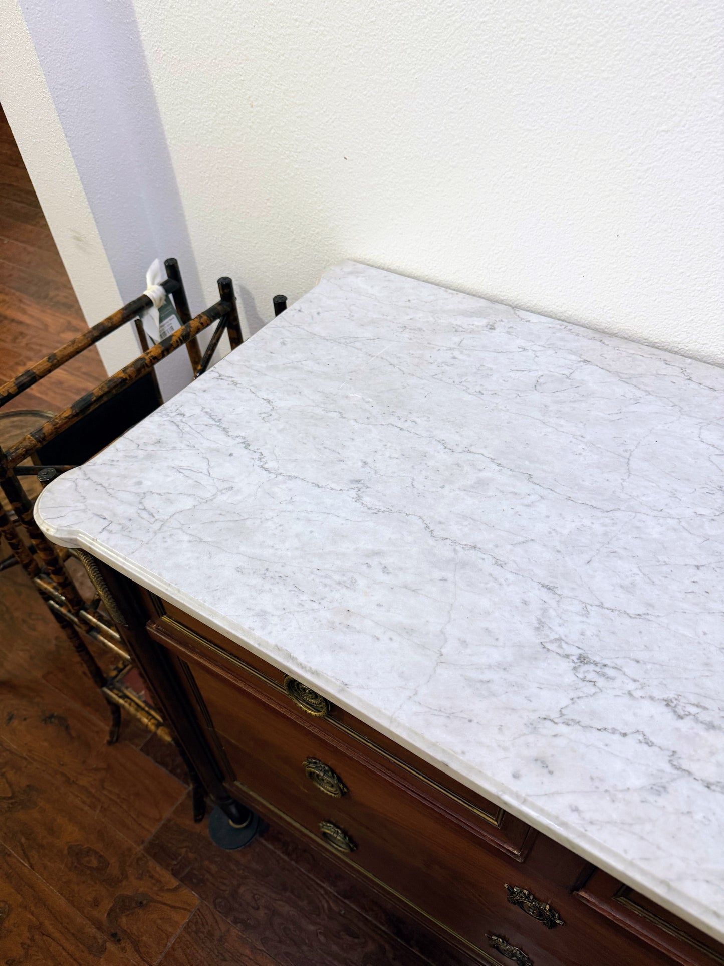 French Louis XVI Style White Marble Top Commode