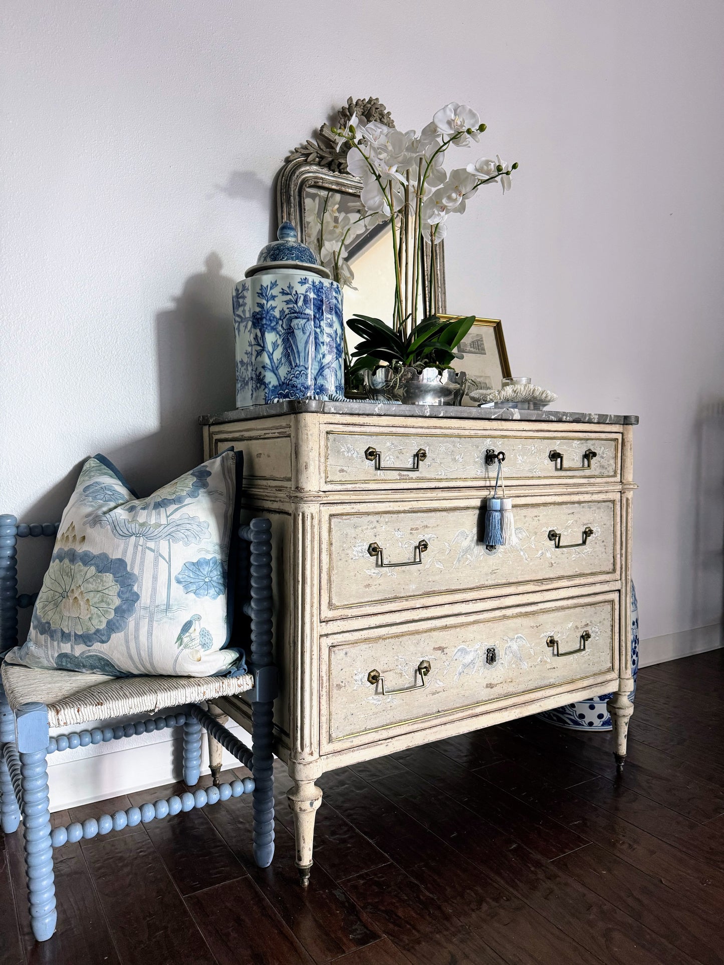 Antique French Louis XVI Black Marble Top Painted Commode